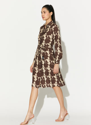 Brown and white abstract shirt dress