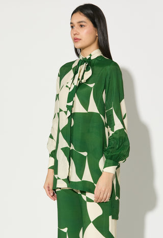 Green and white abstract bow tie shirt