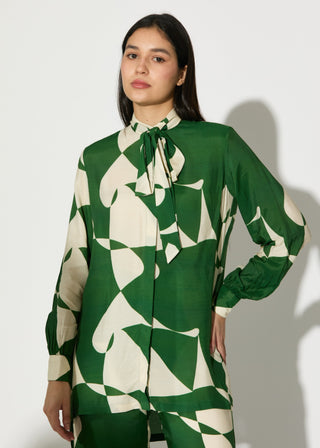 Green and white abstract bow tie shirt