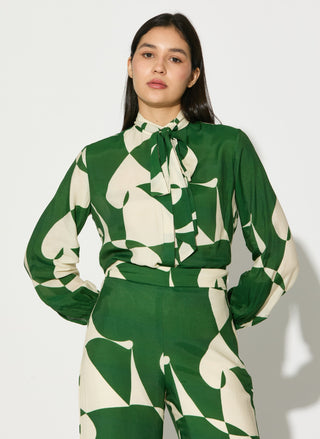 Green and white abstract bow tie shirt