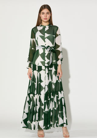 Green and white abstract long dress