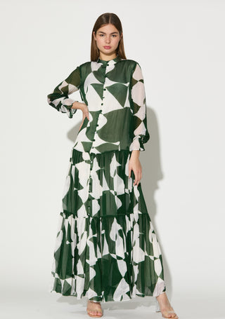 Green and white abstract long dress