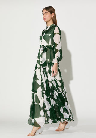 Green and white abstract long dress
