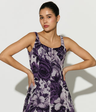 White and purple floral sleeveless dress