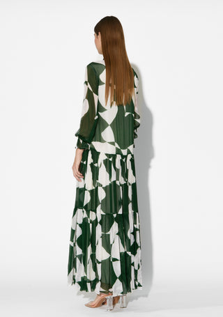 Green and white abstract long dress