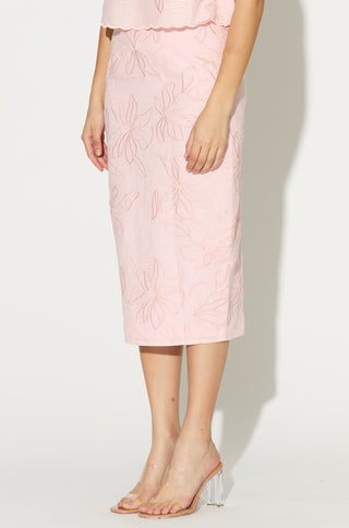 Light pink embroidered linen top and skirt