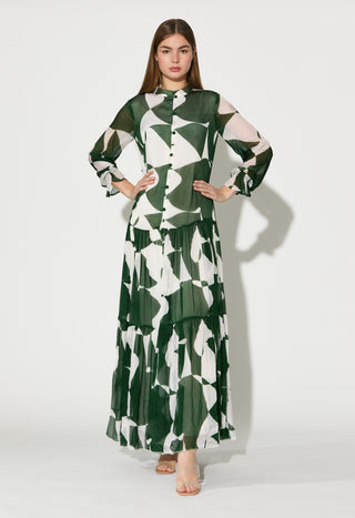Green and white abstract long dress