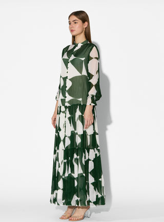 Green and white abstract long dress