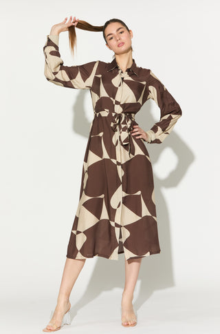 Brown and white abstract long shirt dress