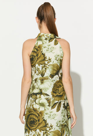 Cream and olive floral sleeveless shirt dress