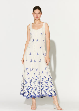White with blue embroidered sleeveless long dress