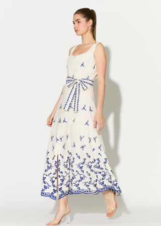 White with blue embroidered sleeveless long dress