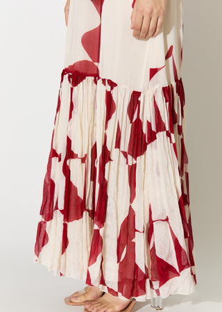 White and red abstract sleeveless long dress
