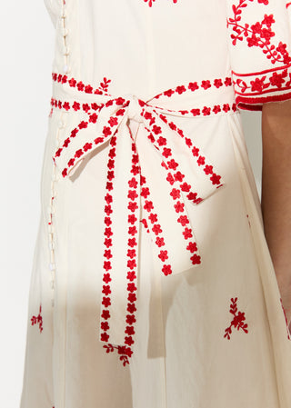 White with red embroidered shirt dress