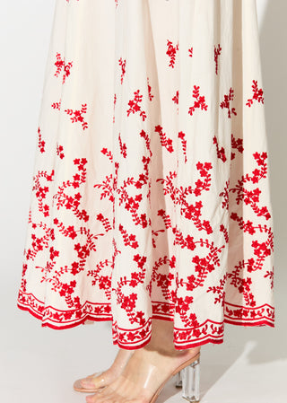 White with red embroidered shirt dress