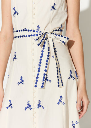 White with blue embroidered sleeveless long dress