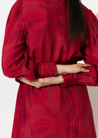 Red and pink floral sleeveless shirt dress