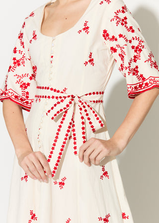 White with red embroidered shirt dress