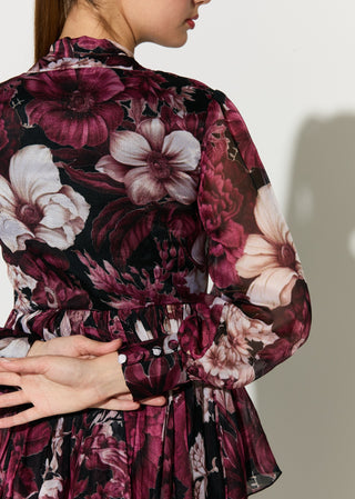 Black pink and white floral long dress