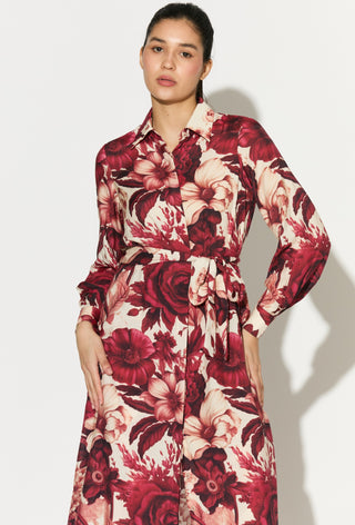 White and red floral shirt dress