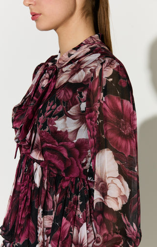 Black pink and white floral long dress