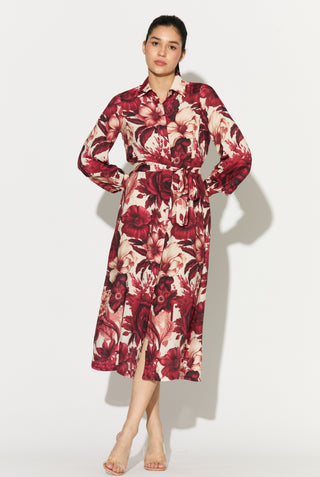 White and red floral shirt dress