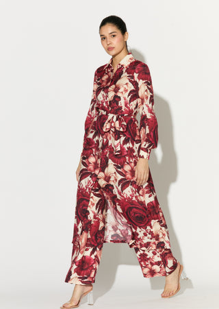 White and red floral long shirt and pant