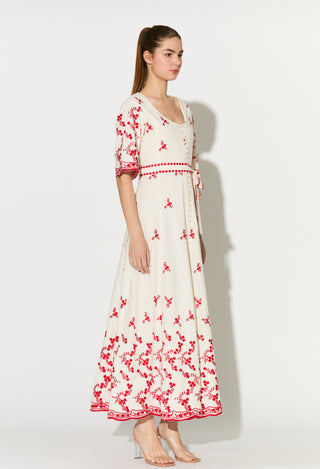 White with red embroidered shirt dress