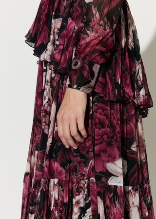 Black pink and white floral long dress