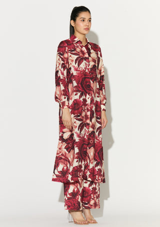 White and red floral long shirt and pant