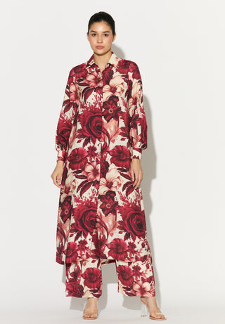 White and red floral long shirt and pant