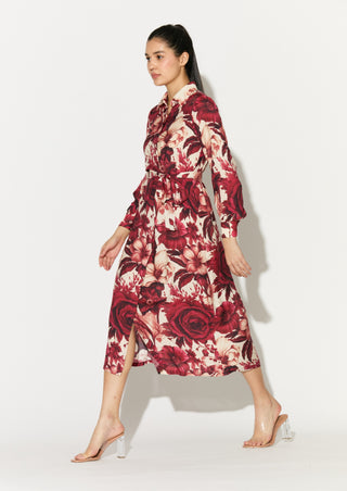 White and red floral shirt dress