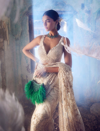 Nitika Gujral-Cream Embroidered Net Sari Set-INDIASPOPUP.COM