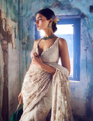 Nitika Gujral-Cream Embroidered Net Sari Set-INDIASPOPUP.COM