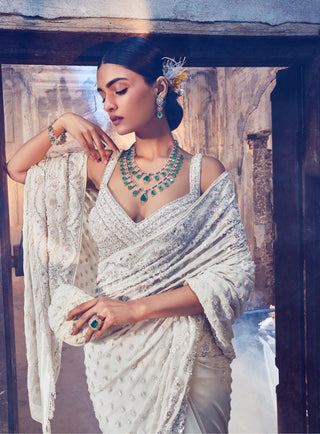 Nitika Gujral-Ivory Embroidered Georgette Sari Set-INDIASPOPUP.COM