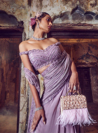 Nitika Gujral-Lavender Georgette Draped Sari And Blouse-INDIASPOPUP.COM