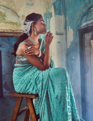 Nitika Gujral-Aqua Blue Chiffon Sari Set-INDIASPOPUP.COM