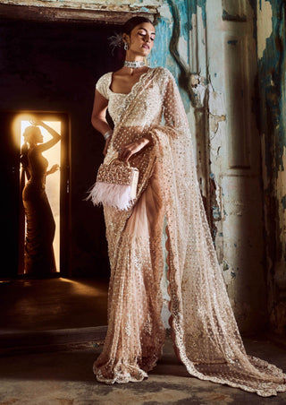 Nitika Gujral-Blush Pink Net Embroidered Sari Set-INDIASPOPUP.COM