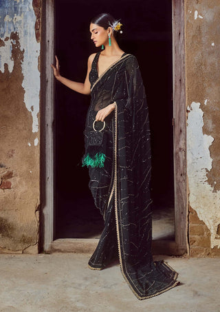 Nitika Gujral-Black Gold Georgette Sari Set-INDIASPOPUP.COM