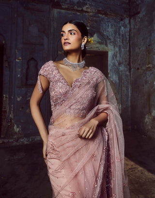 Nitika Gujral-Rose Pink Net Embroidered Sari Set-INDIASPOPUP.COM