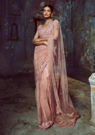 Nitika Gujral-Rose Pink Net Embroidered Sari Set-INDIASPOPUP.COM