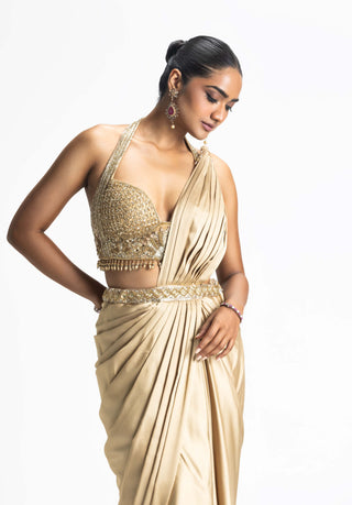 Nitika Gujral-Gold Satin Draped Sari And Blouse-INDIASPOPUP.COM