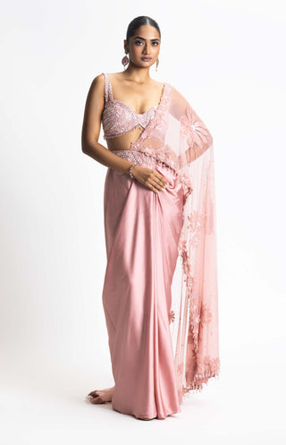 Nitika Gujral-Rose Pink Draped Sari And Blouse-INDIASPOPUP.COM