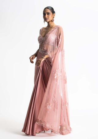 Nitika Gujral-Rose Pink Draped Sari And Blouse-INDIASPOPUP.COM