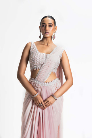 Nitika Gujral-Blush Pink Ombre Draped Sari And Blouse-INDIASPOPUP.COM