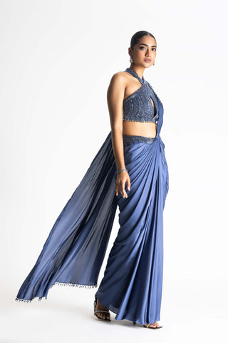 Nitika Gujral-Stone Blue Draped Sari And Blouse-INDIASPOPUP.COM