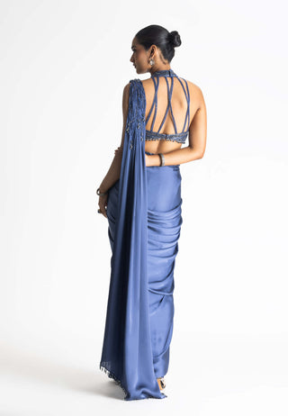 Nitika Gujral-Stone Blue Draped Sari And Blouse-INDIASPOPUP.COM