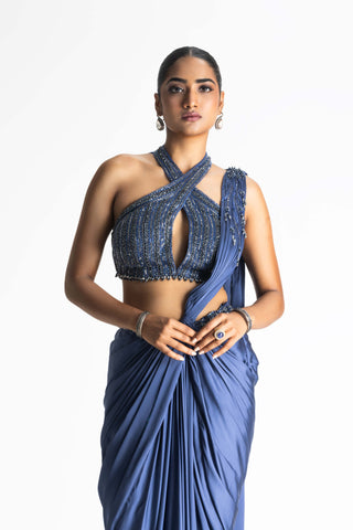 Nitika Gujral-Stone Blue Draped Sari And Blouse-INDIASPOPUP.COM