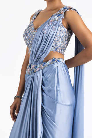 Nitika Gujral-Ink Blue Pre-Draped Satin Sari And Blouse-INDIASPOPUP.COM