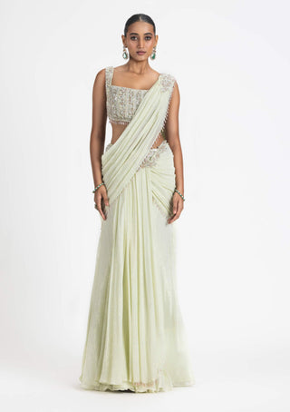 Nitika Gujral-Lime Georgette Draped Sari And Blouse-INDIASPOPUP.COM